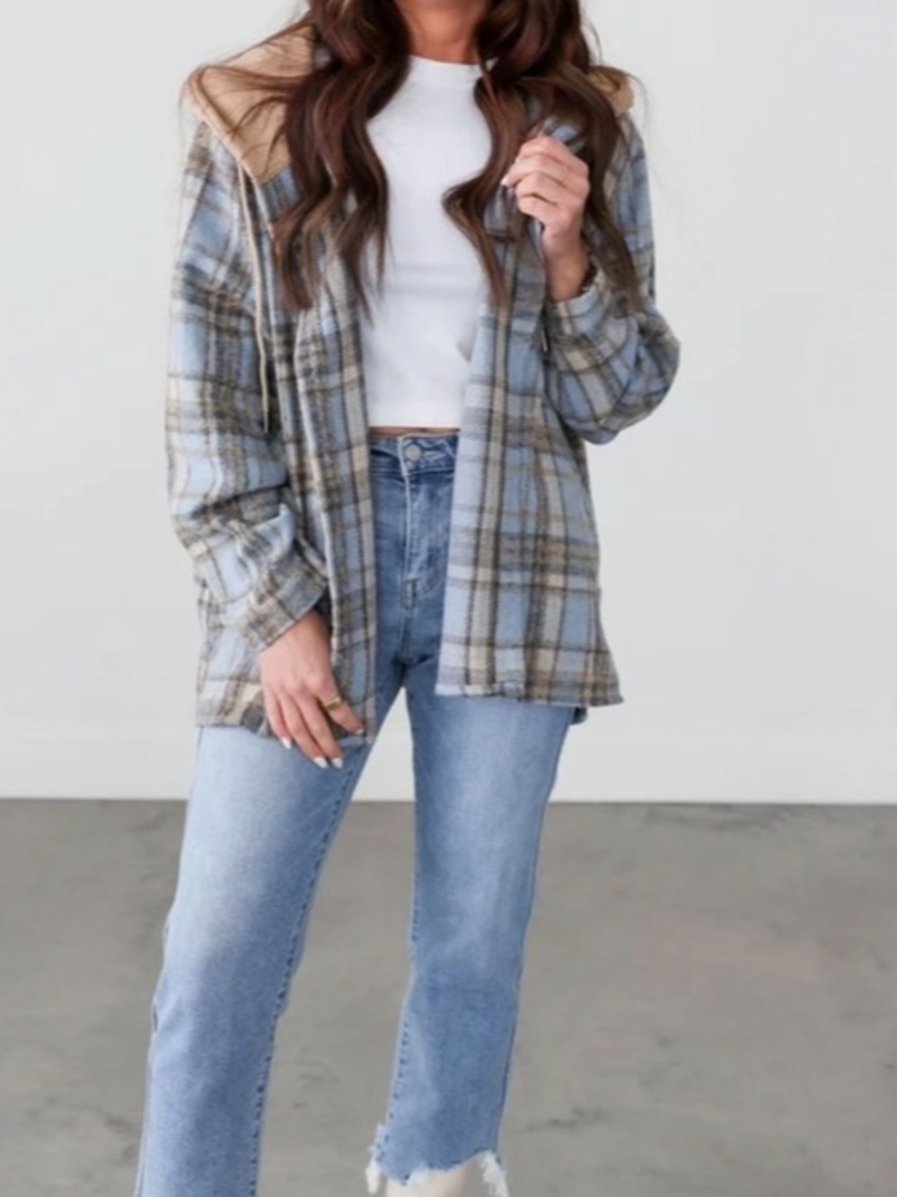 Lauriebelle Noelle Hooded Plaid Shacket - Blue/Gray